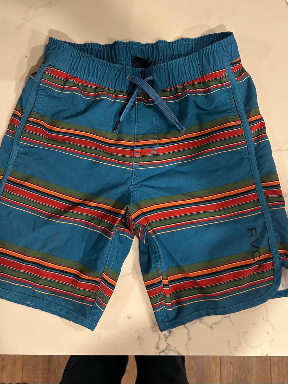 RVCA Teal Stripe Kids Swim Shorts with Multicolor Bands Size Small
